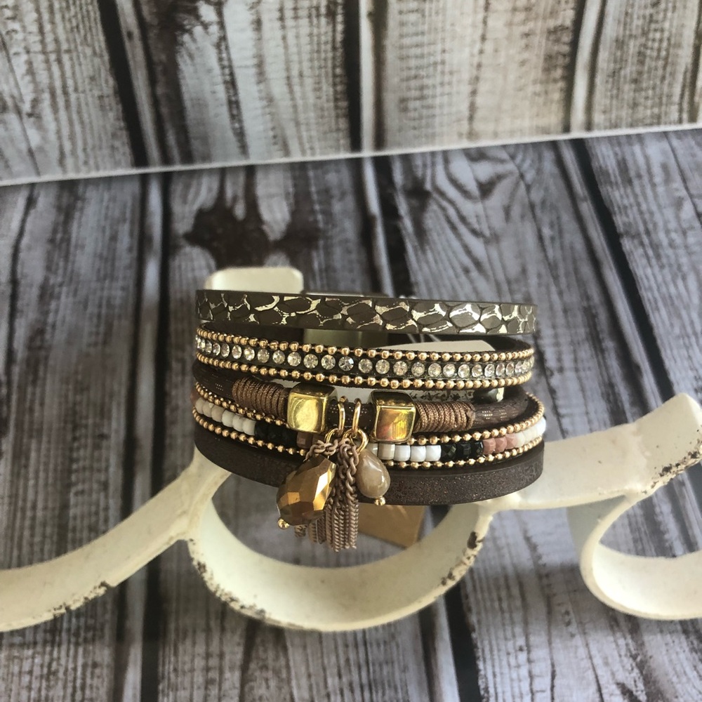 Boho Faux leather bracelet with rhinestones Pretty